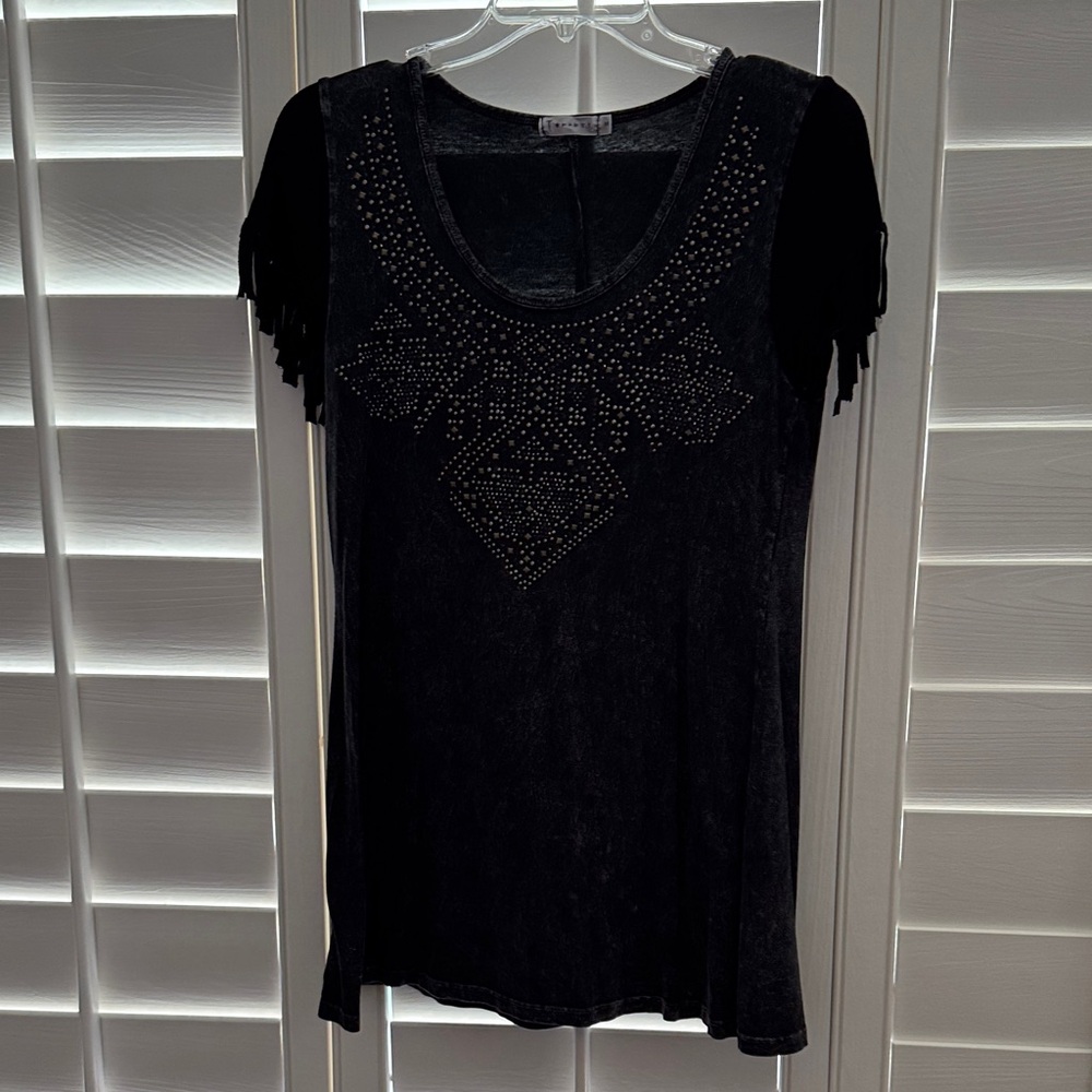 Stud-Accent Black Women's Top with Fringe Sleeves